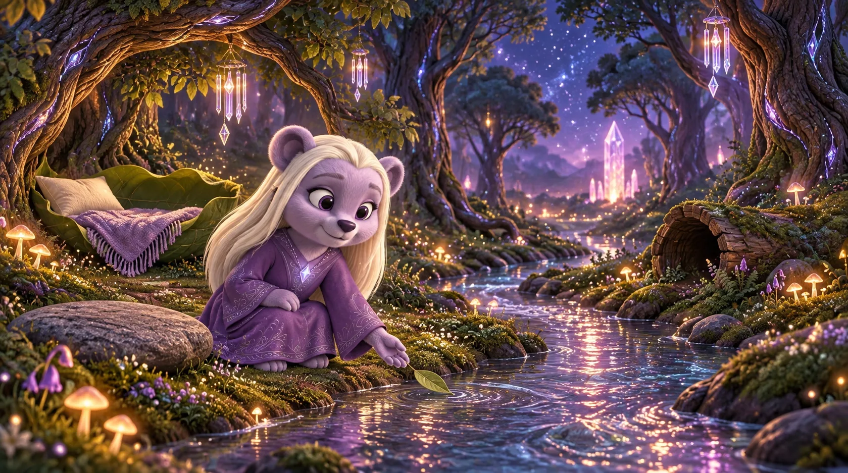 Night at Luna's spot by the stream in the Whispering Woods. Luna crouched at the water's edge, one paw letting go of a single leaf. Downstream, the bend. Beyond the trees, the tall Clearing crystal glowing soft as a night light, and far off, the shore crystals glimmering along the beach.