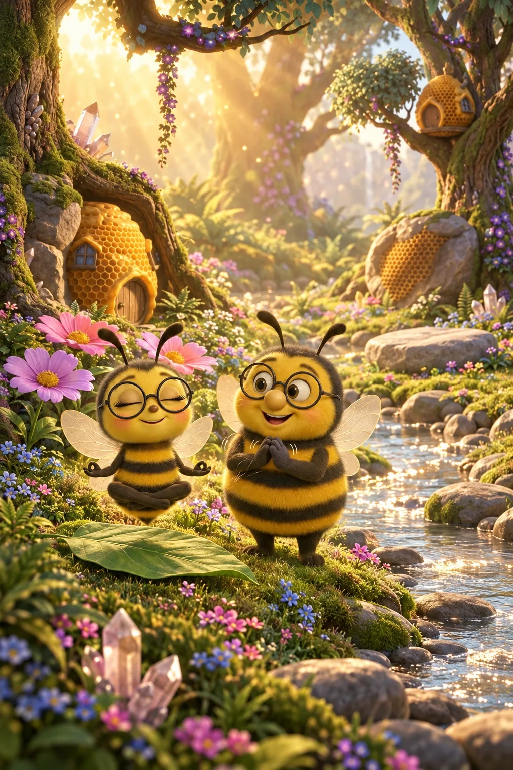Early morning in the Buzzing Nook, honeycomb catching the first light. Zenny hovering in lotus position above one flat green leaf in a quiet corner. Fuzzby beside her, rubbing his hands together with enormous enthusiasm.