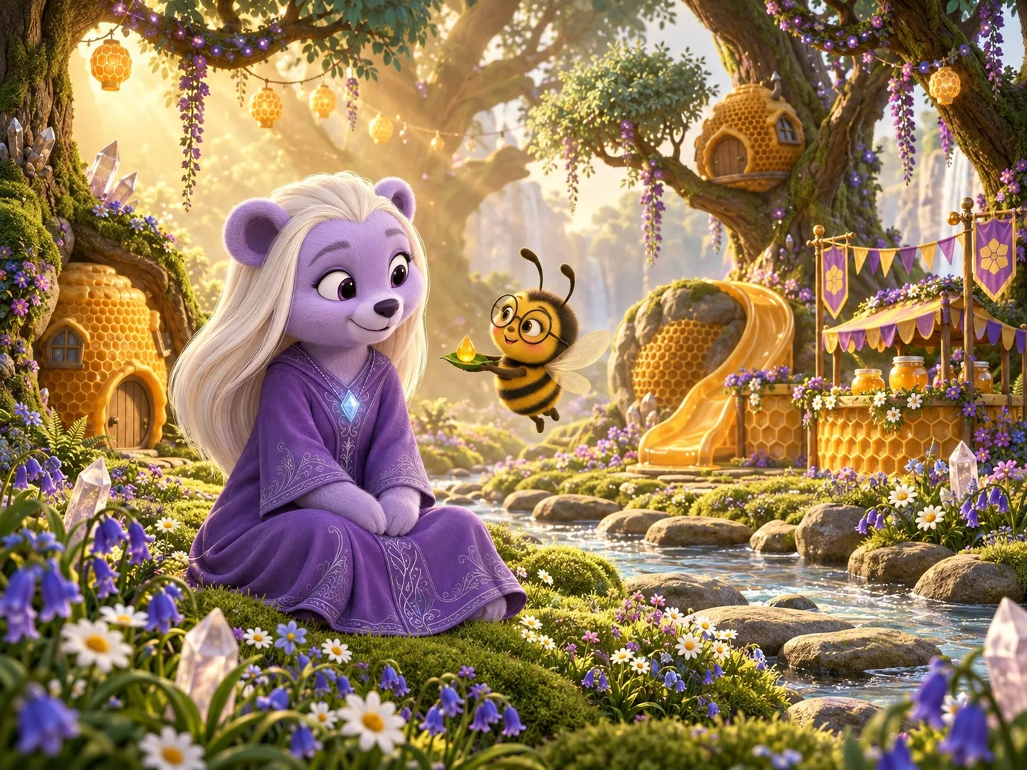 The Buzzing Nook dressed for a festival, honeycomb slides gleaming, flowers wide open in warm sun. Luna settling onto a smooth patch of moss. Zenny hovering beside her in lotus position, holding out a leaf with a single drop of honey on it.
