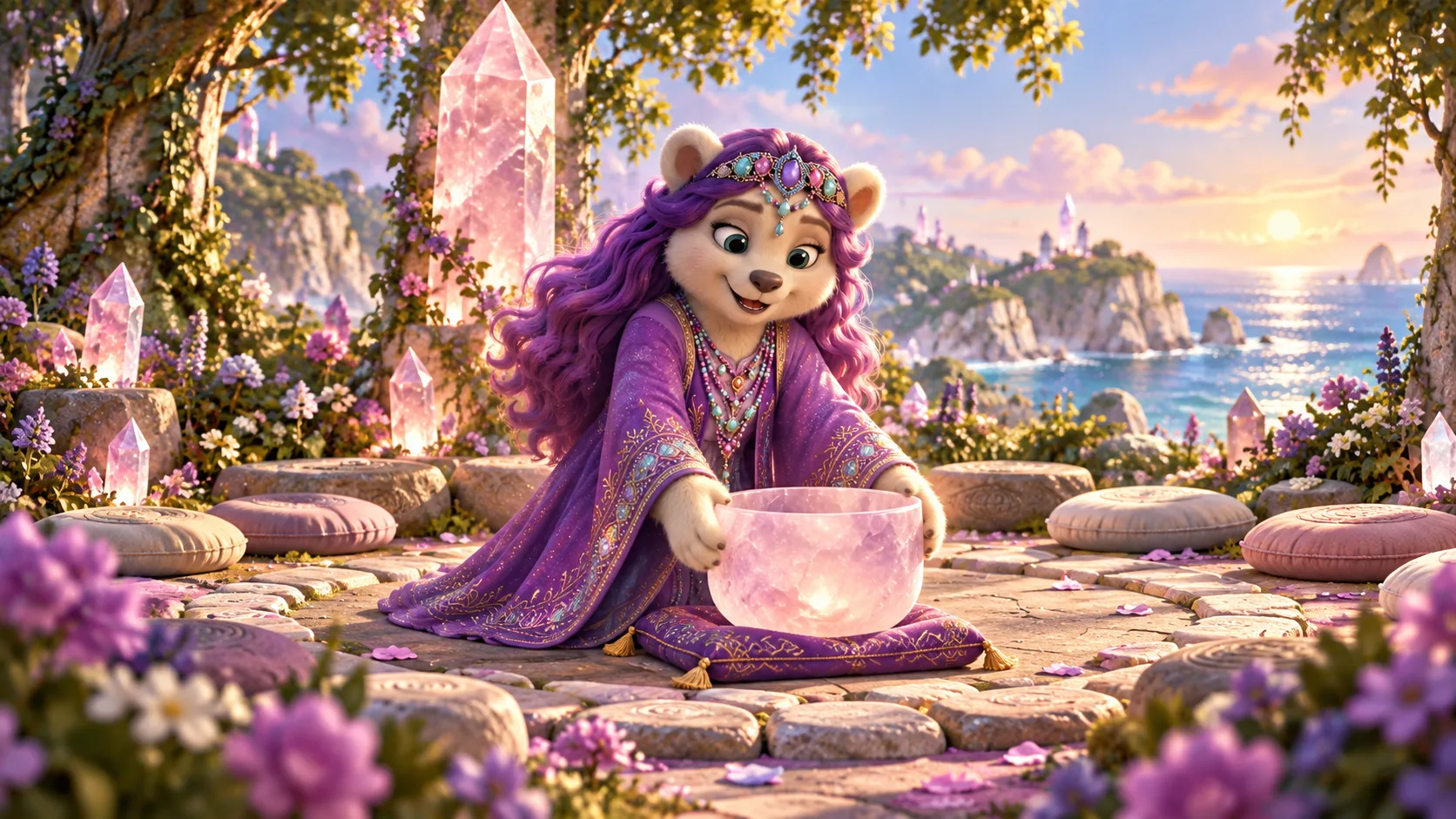 Early light on the Learning Circle, a ring of smooth stones and cushions at the edge of the Clearing, the sea just visible beyond. Aida alone in the middle, setting her crystal singing bowl down on its cloth, the tall Clearing crystal glowing gently behind her.