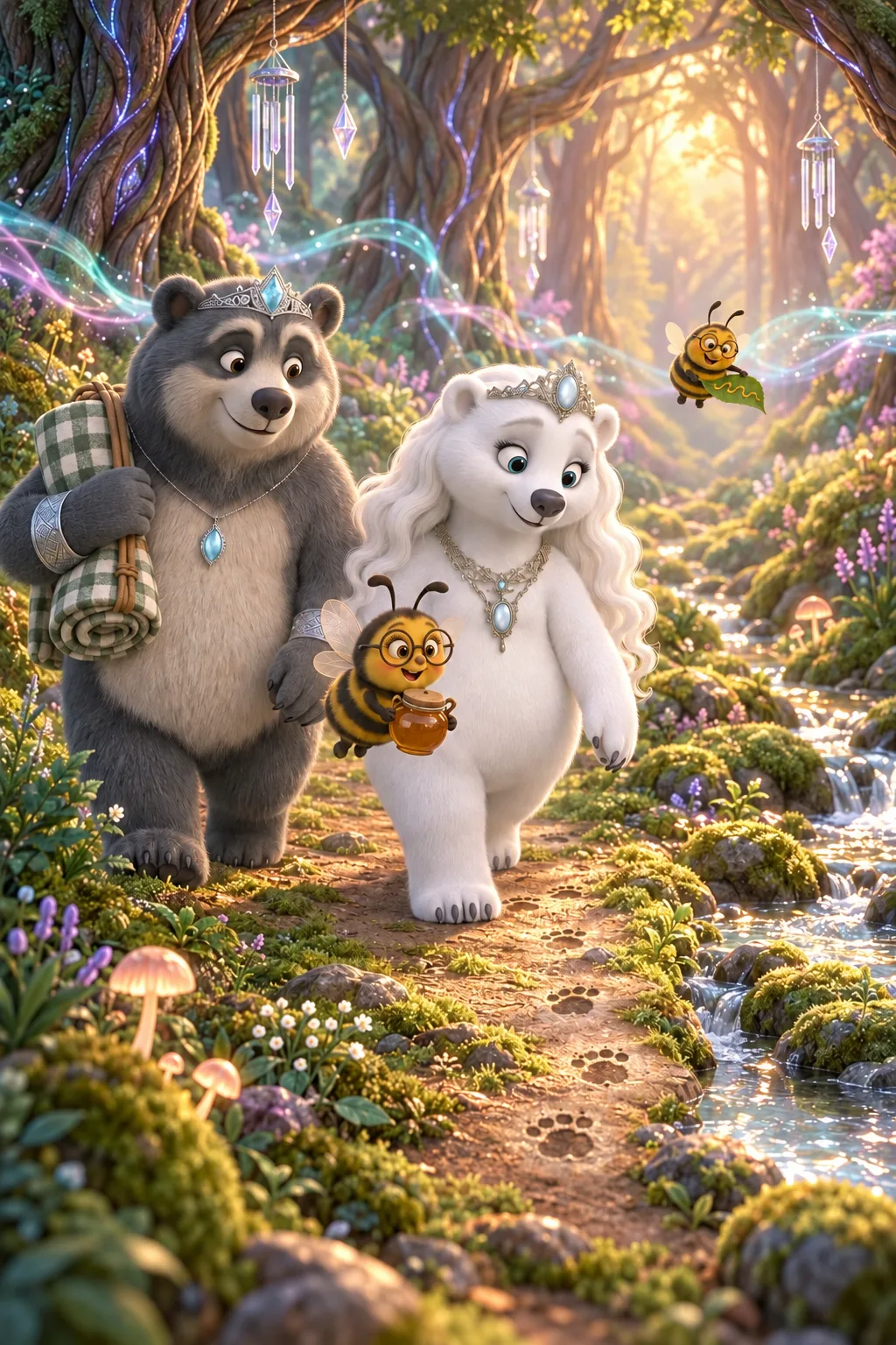 Morning in the Whispering Woods. A mossy path curling beside a bright, murmuring stream. Howey with a rolled blanket, Zenny hovering with a honey pot, Misty in the middle of the group, glancing at a line of paw prints heading off along the stream path. Fuzzby zooming in from above, waving a leaf.