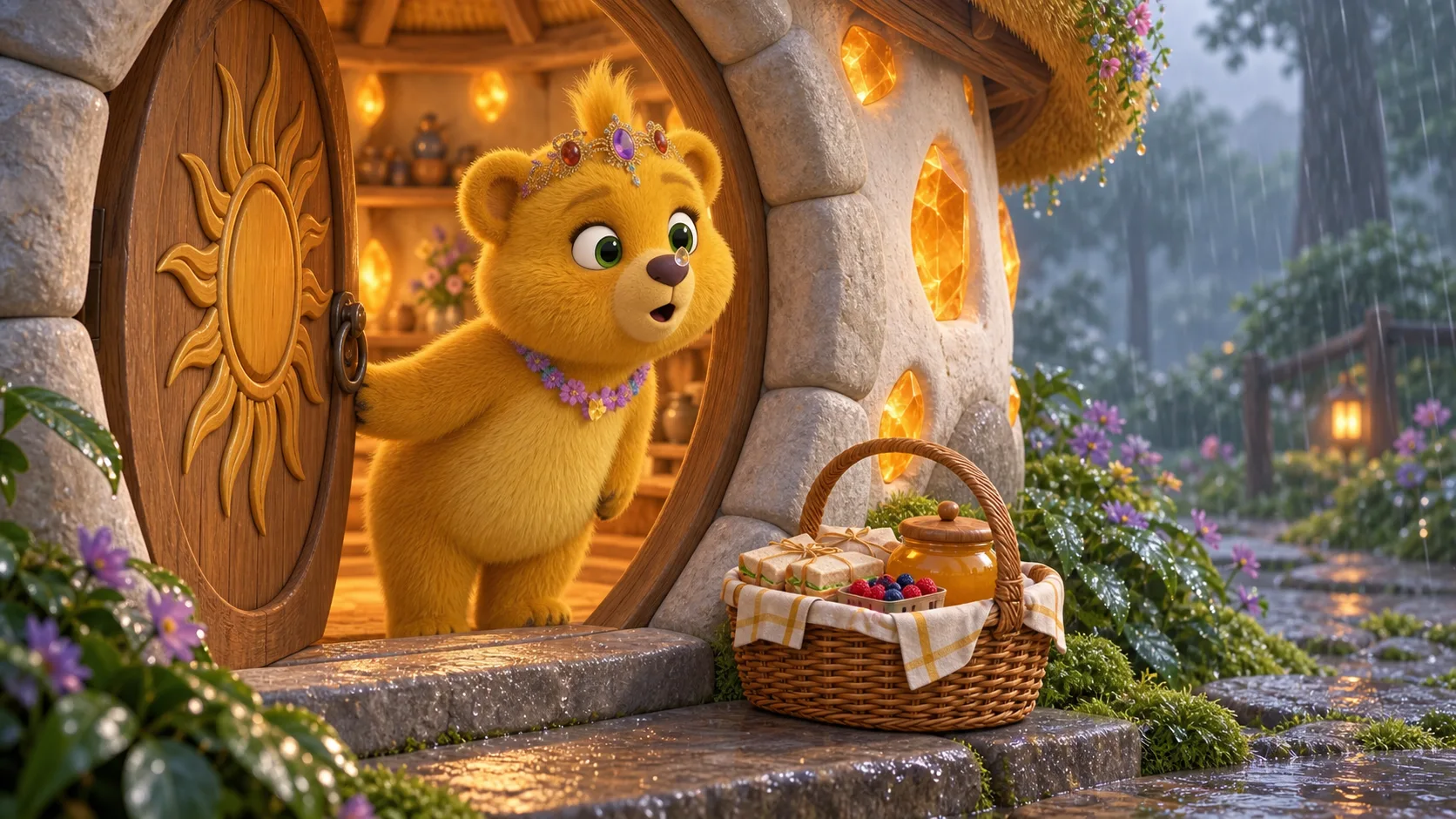 Early morning at Sunny's place. A picnic basket by the doorway, packed to the brim, a honey pot with its lid on sitting on top. Sunny's nose poking out into a grey morning, one raindrop landing on it.
