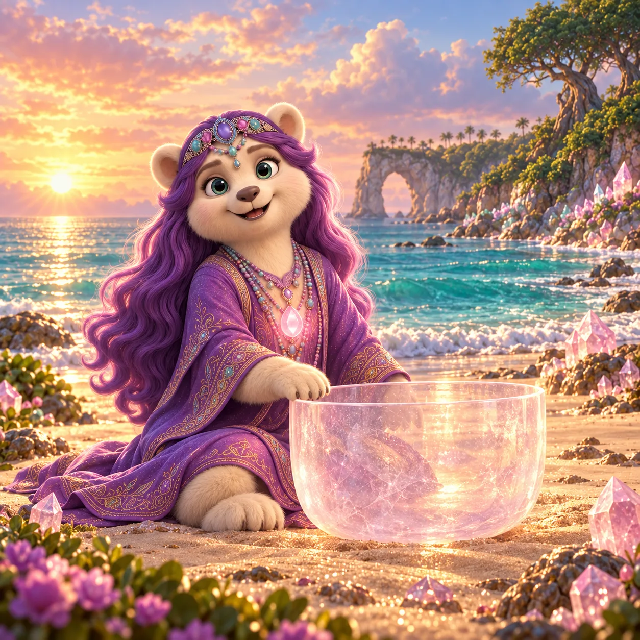 Dawn over the cove. Aida sits very still on the sand beside her crystal singing bowl, one paw on its rim, a soft pink glow rising from her pendant. Gentle waves, first light on the water.