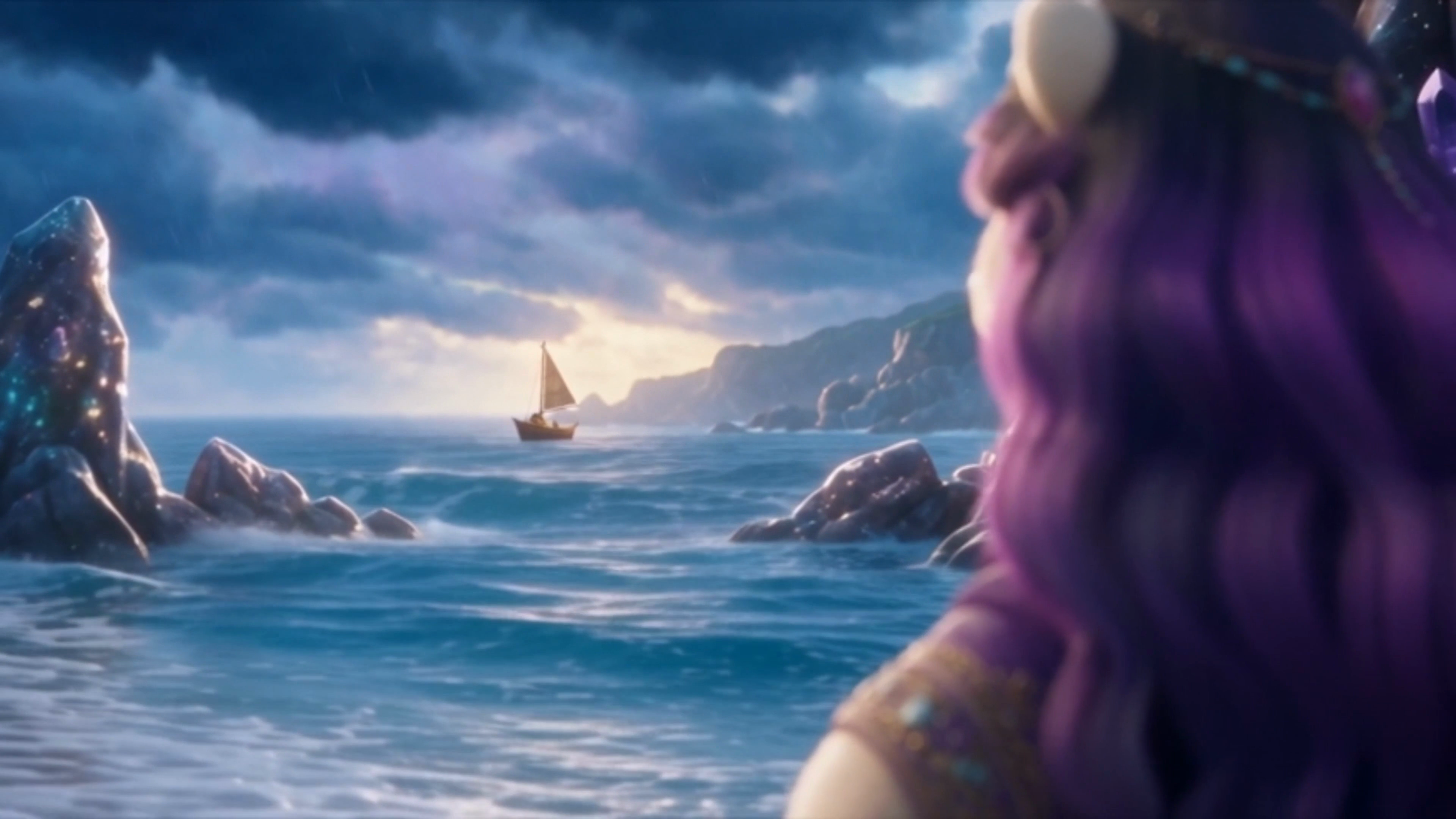 Aida watches a small sailboat approach Crystal Cove beneath storm clouds.