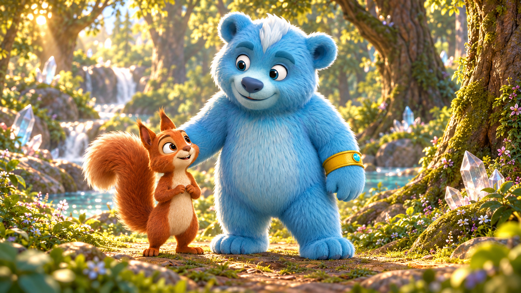 Bo the red squirrel and Keen smile at each other in the crystal woods.