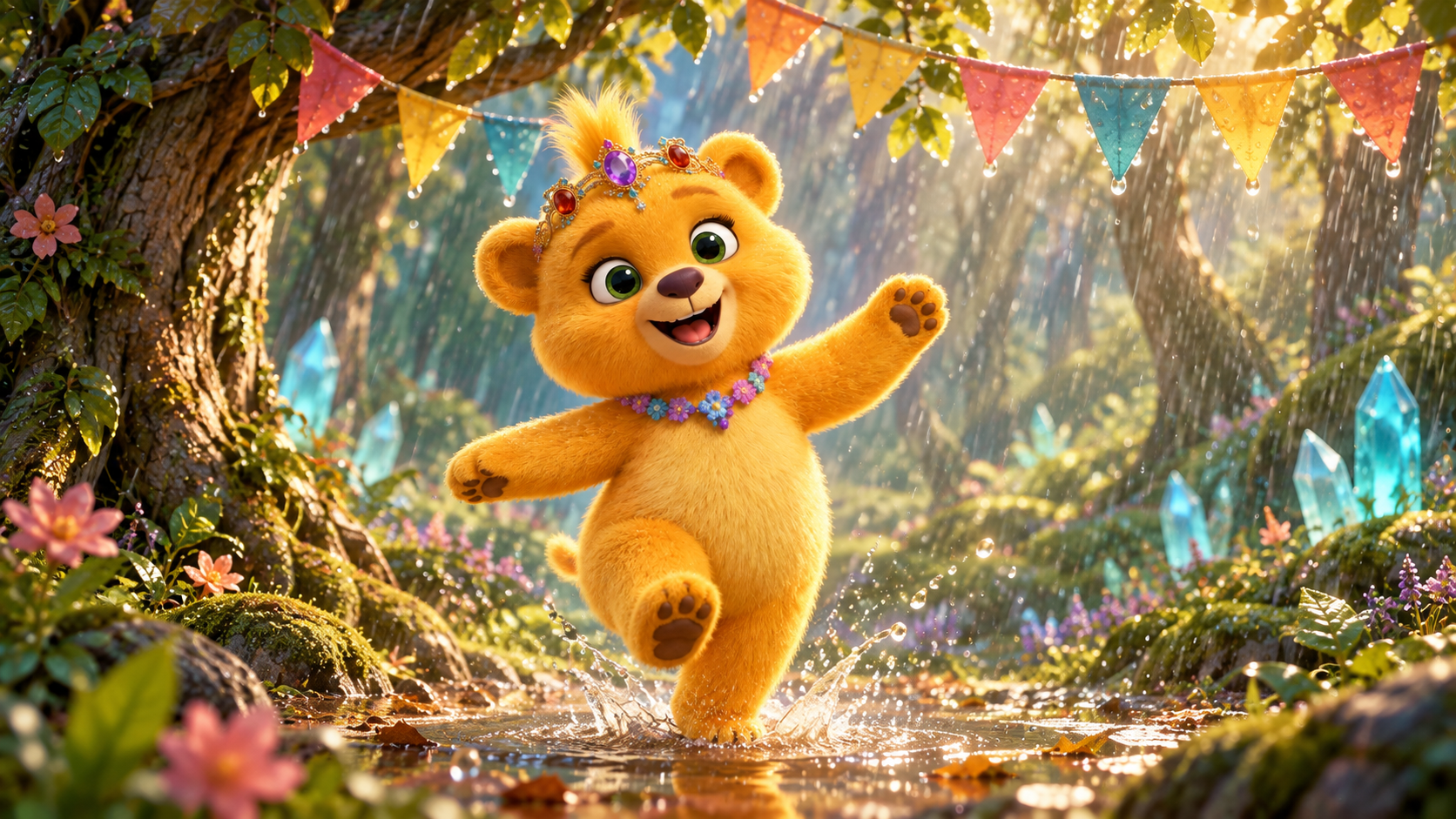 Sunny splashes happily in the rain beneath colourful party bunting.