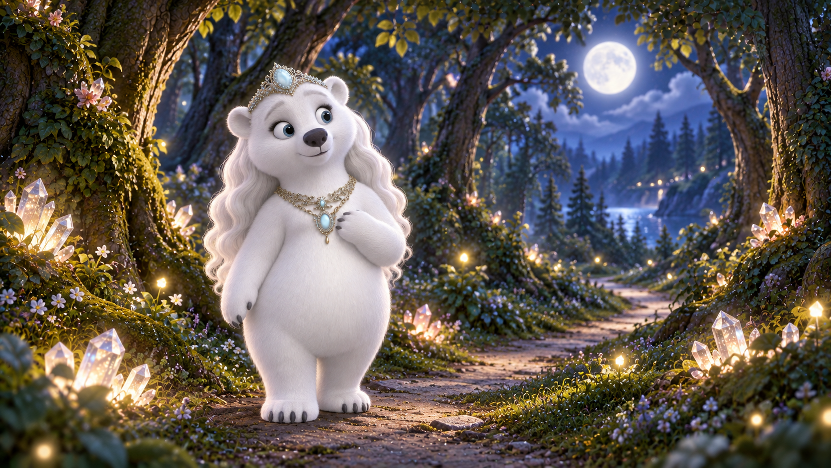 Misty pauses with a paw beside her necklace on a moonlit woodland path.