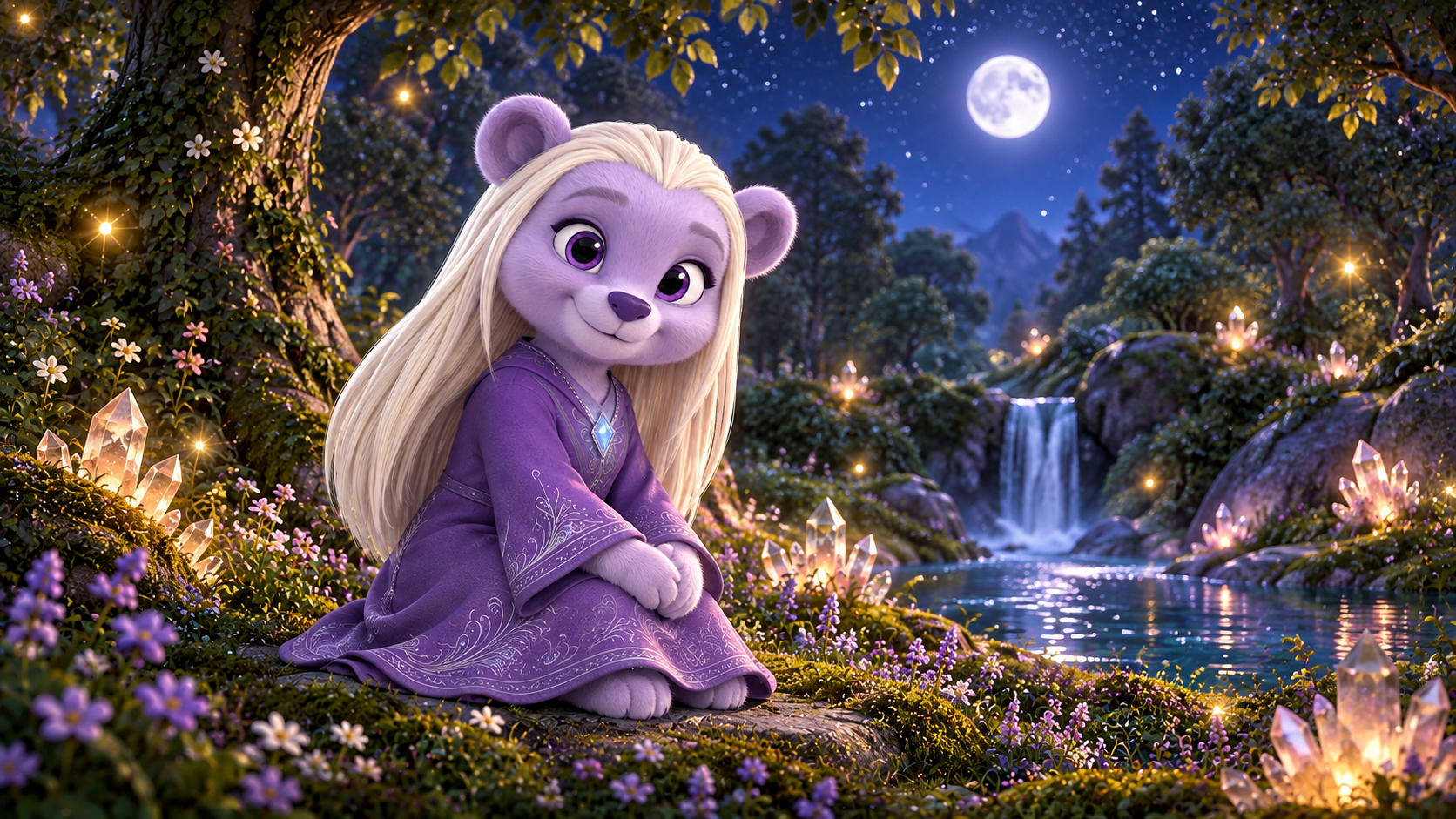 Luna sits quietly beside flowers and water under the full moon.