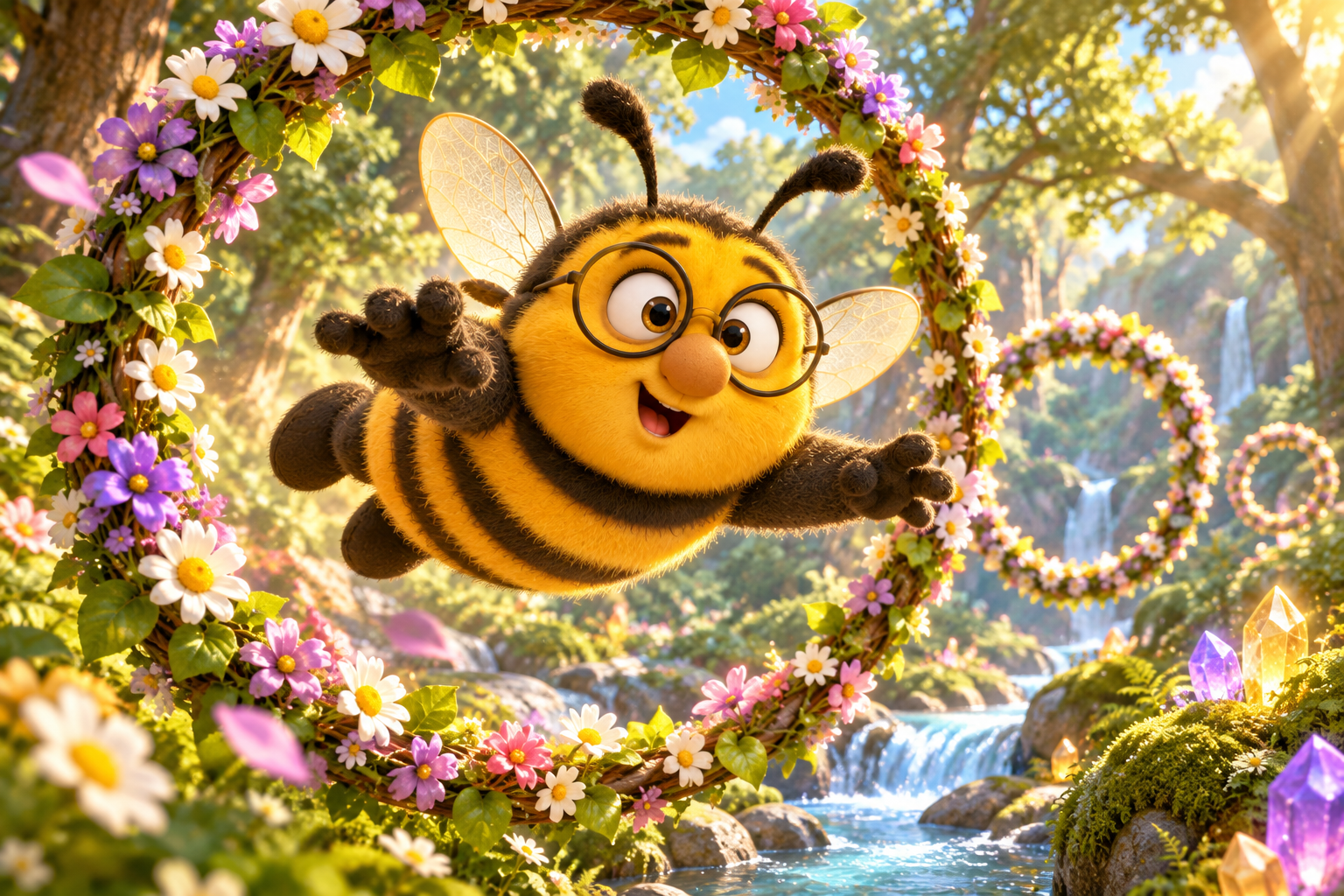 Fuzzby swooping through flower hoops