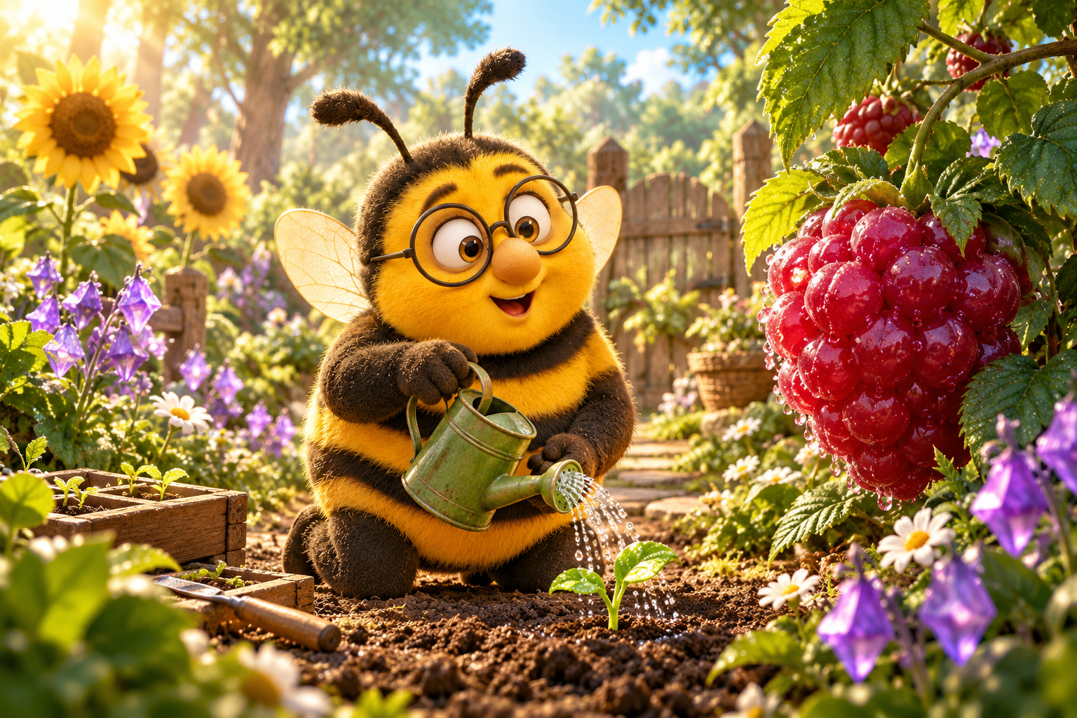 Fuzzby watering a sprout beside a giant berry